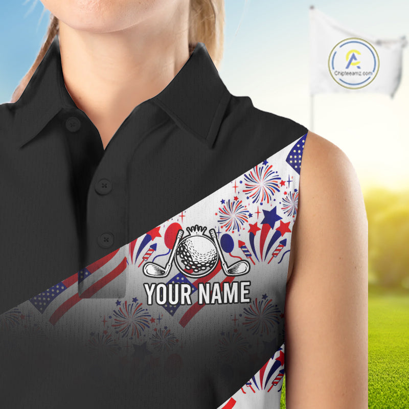 Close-up of America 250th Anniversary womens sleeveless golf polo shirt collar and buttons