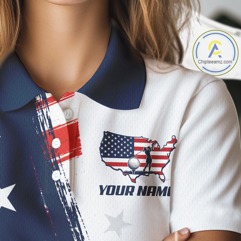 Personalized White Golf Polos Shirt For Women American Flag 4Th July Gifts For Golf Lovers NBT811