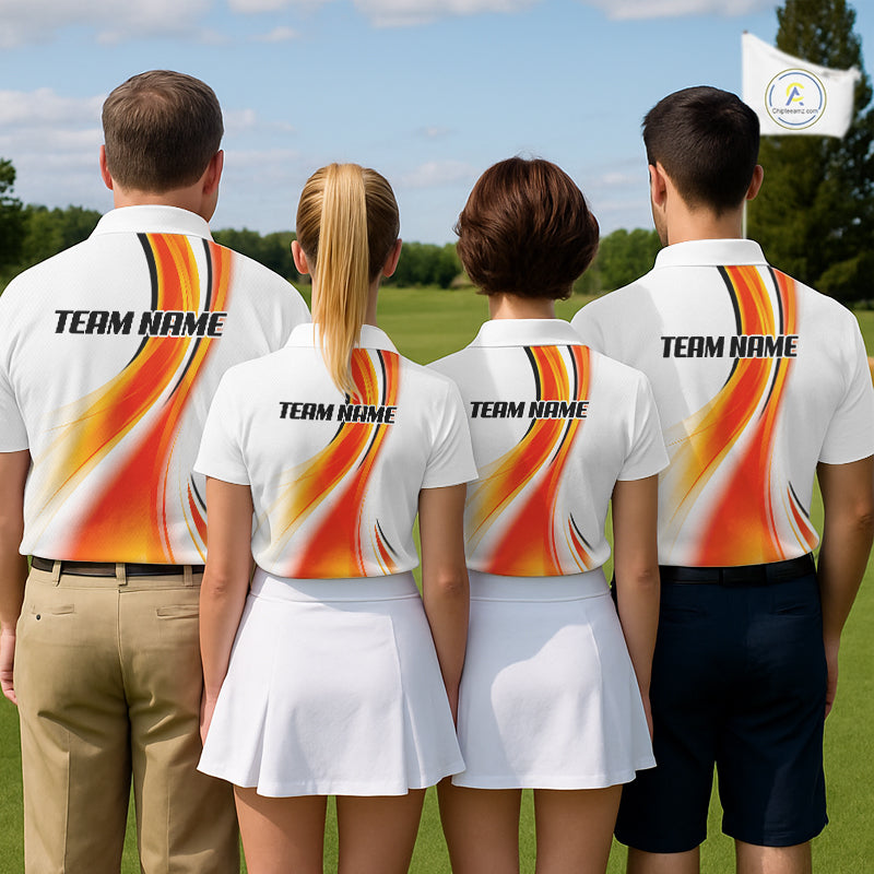 Four people wearing matching golf outfits with 'Team Name' on the back