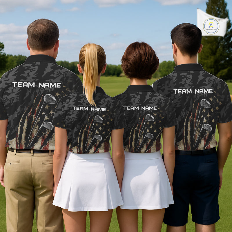 Team wearing American Flag Golf Clubs Camo Mens Polo Shirt Custom Team Name Golf Group