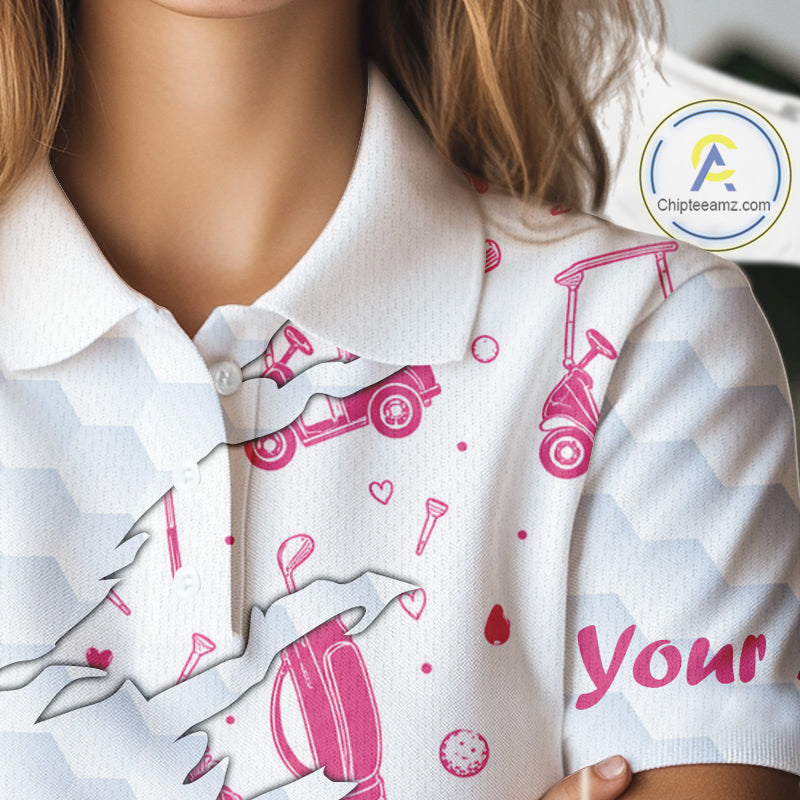 Women Golf Polo Shirt Custom Name Funny Golf Bag Cart Pattern Shirt, Golf Gifts For Ladies NBT825