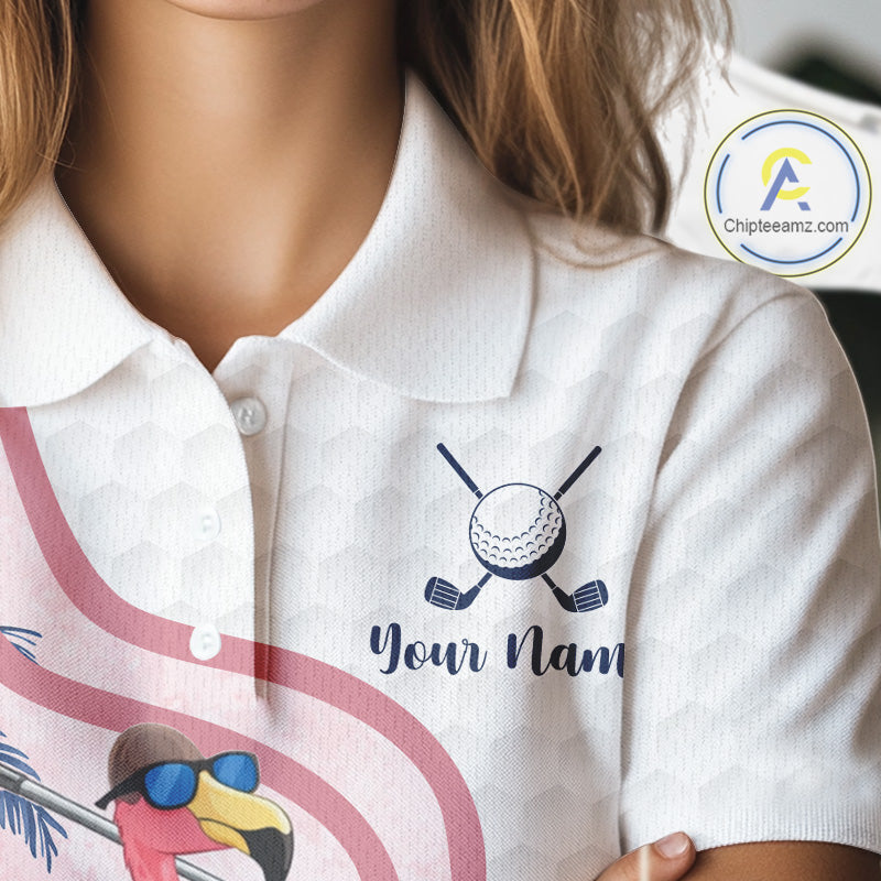 Funny Womens Golf Polo Shirts Custom Pink And White Tropical Flamingo Patter,White Golf Shirt NBT479
