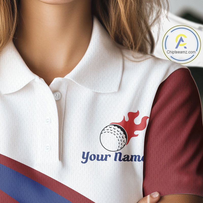 close up funny golf balls pattern on womens red golf polo shirt for ladies