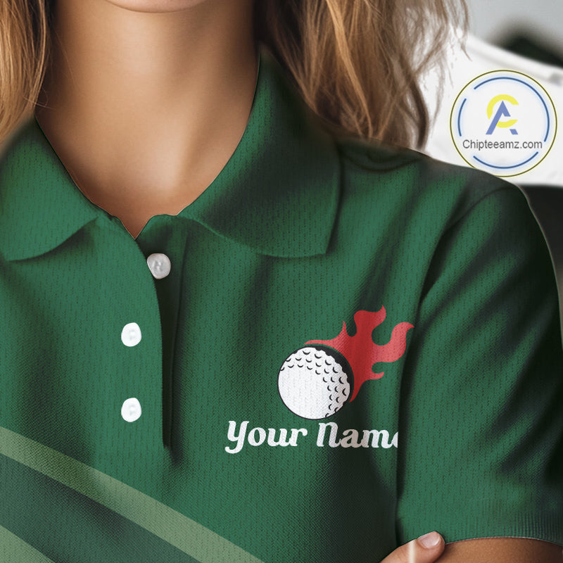 close up funny golf balls pattern on womens green golf polo shirt for ladies