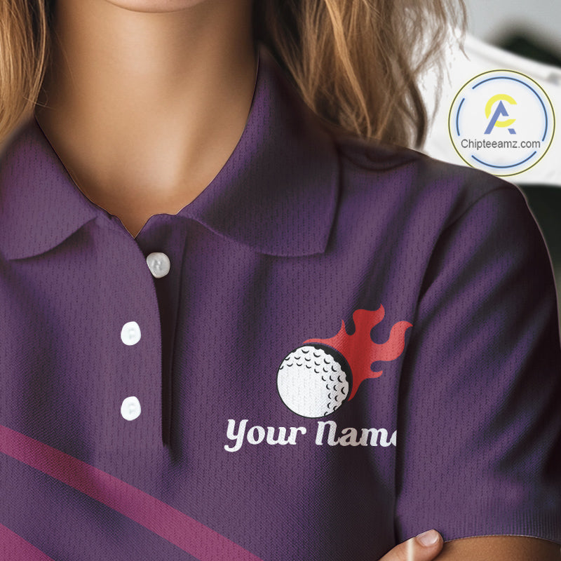 close up funny golf balls pattern on womens purple golf polo shirt for ladies