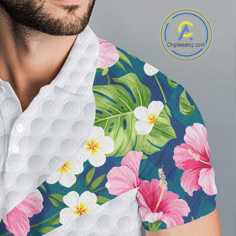 Funny Mens Golf Polo Shirt Custom Tropical Flamingo Pattern White Golf Shirts NBT521