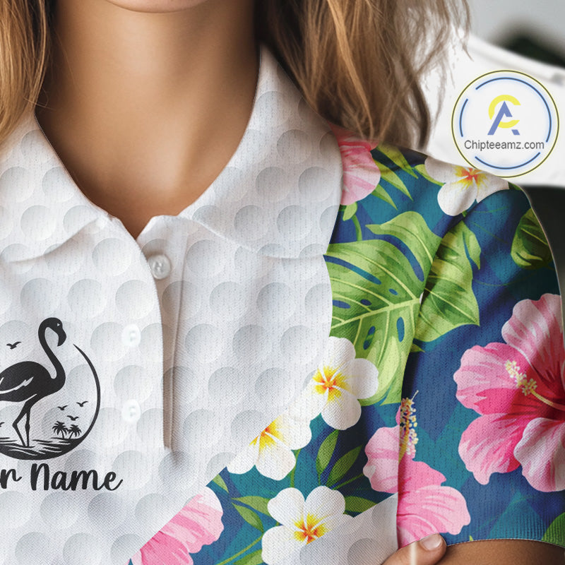 Funny Womens Golf Polo Shirt Custom Tropical Flamingo Pattern White Golf Shirts NBT523
