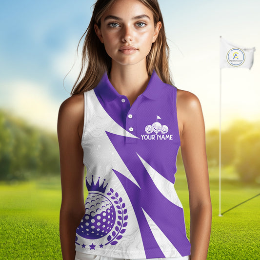 Womens Sleeveless Golf Polo Shirts Custom Name Purple And White Golf Shirt, Golf Attire NBT670
