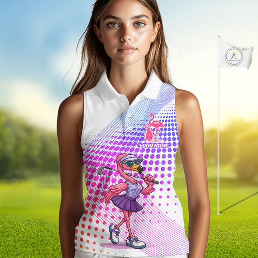 Custom Name Funny Flamingo Womens Sleeveless Golf Polo Shirts, Golf Gifts For Ladies, Flamingo Lovers NBT540