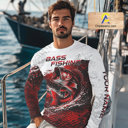 Custom Largemouth Bass Red Fish Scale Long Sleeve Fishing Shirts, Bass Fishing Jerseys|Red NBT344