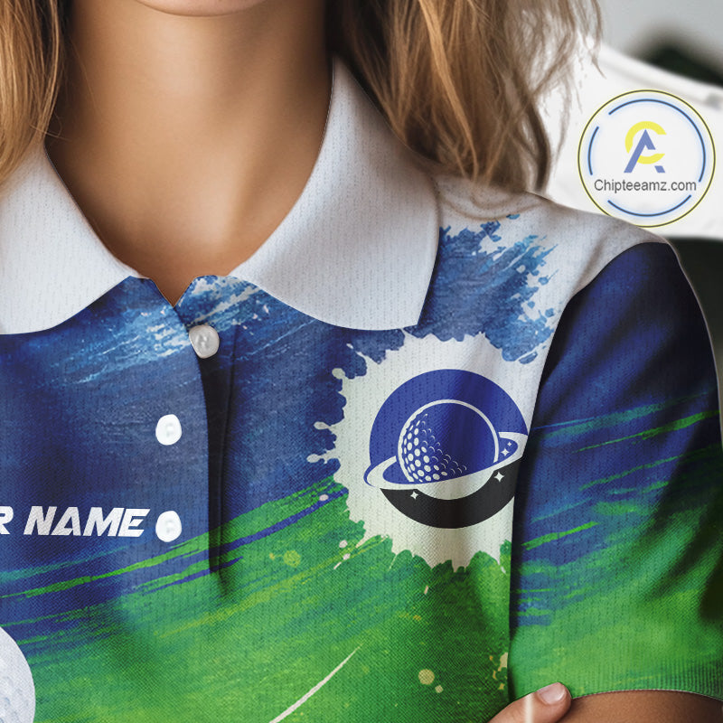 Womens Golf Polo Shirts Custom Name Blue And Green Golf Shirt, Tournament Golf Tops For Ladies NBT546