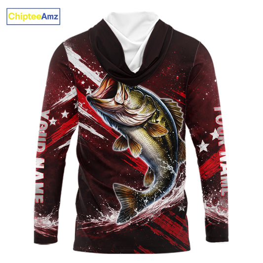 American Flag Fishing Shirt, Bass Long Sleeve Hooded Fishing Shirts, Bass Fishing Tournament Shirts|Red NBT434