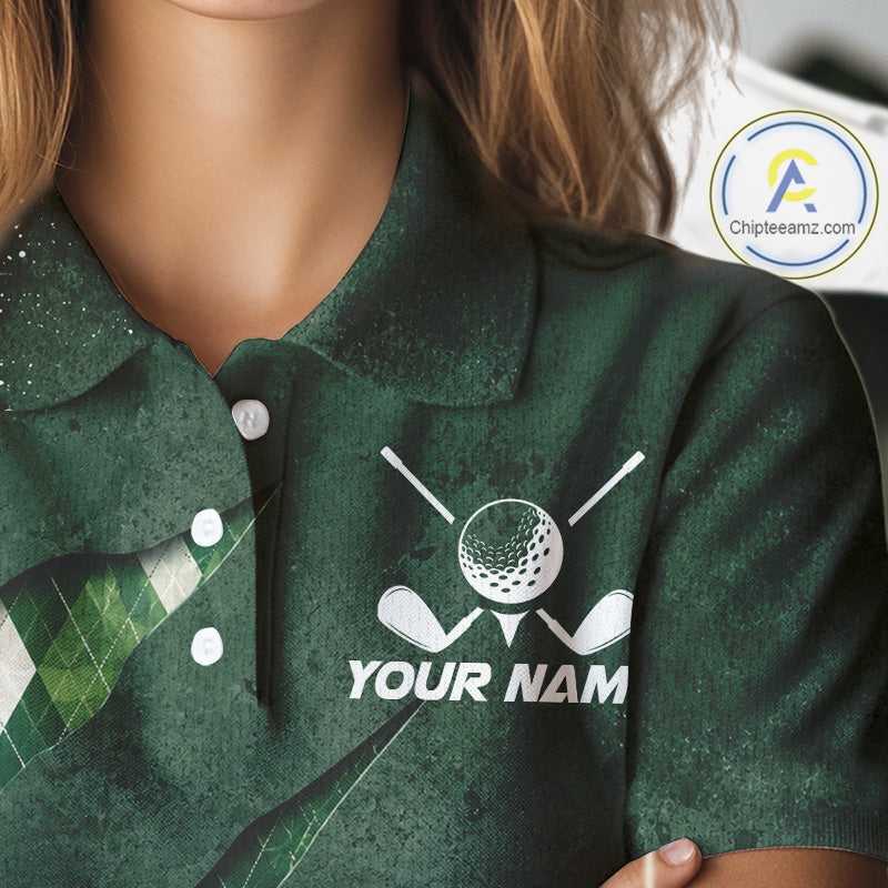 Close-up fabric detail of lightweight 100% polyester quick-dry golf polo shirt with golf clubs graphic and "Your Name" on the chest.