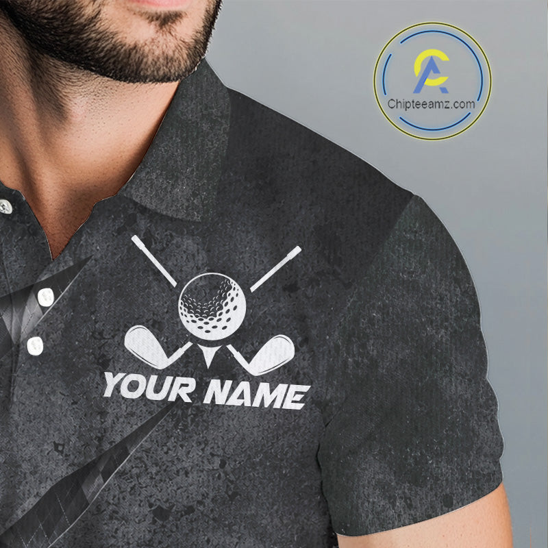 Close-up breathable fabric of gray argyle pattern golf polo shirt with “Your Name” and cross golf clubs on the chest.