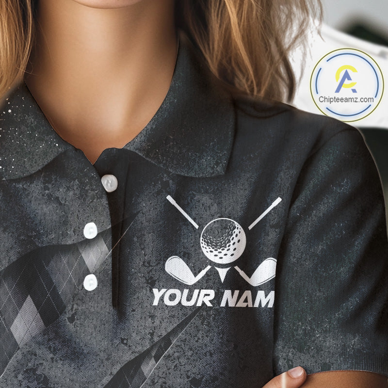 Close-up fabric detail of lightweight 100% polyester quick-dry golf polo shirt with golf clubs graphic and "Your Name" on the chest.
