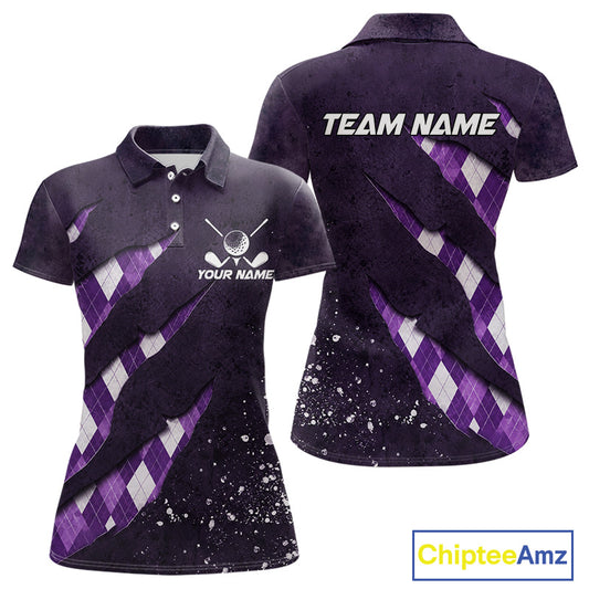 Front and back views of a womens purple argyle pattern golf polo shirt, chest name text, and team name on the back.