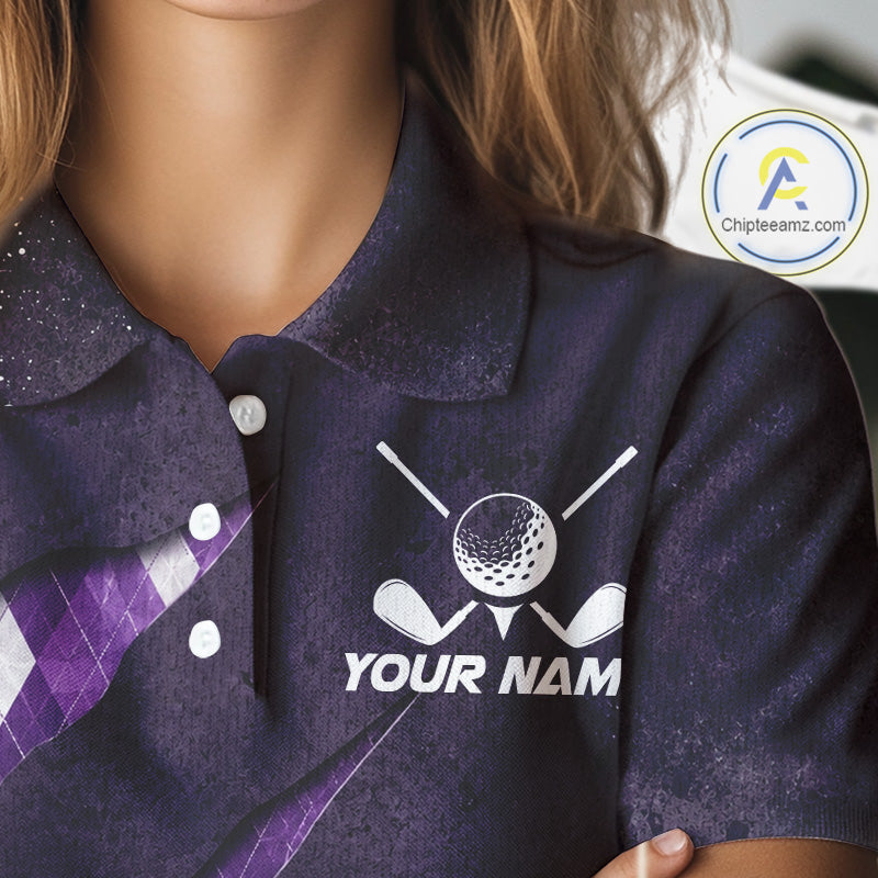 Close-up fabric detail of lightweight 100% polyester quick-dry golf polo shirt with golf clubs graphic and "Your Name" on the chest.