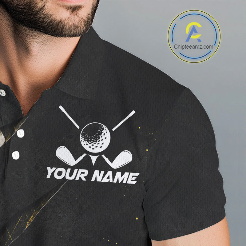 Close-up breathable fabric of black, yellow argyle pattern golf polo shirt with “Team Name” and cross golf clubs on the chest.