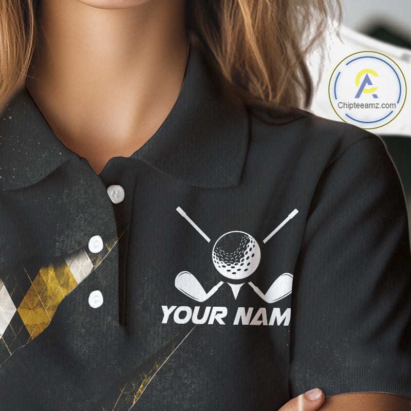 Close-up fabric detail of lightweight 100% polyester quick-dry golf polo shirt with golf clubs graphic and "Your Name" on the chest.