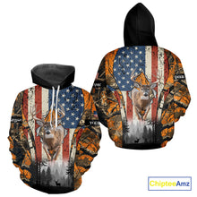 Load image into Gallery viewer, Whitetail Deer Hunting Big Game US Flag Custom Name Orange Camo Shirts, Personalized Deer Hunting Clothing NBT265