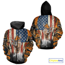 Load image into Gallery viewer, Whitetail Deer Hunting Big Game US Flag Custom Name Orange Camo Shirts, Personalized Deer Hunting Clothing NBT265