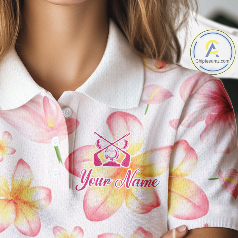 Custom Pink Tropical Flower Funny Flamingo Womens Golf Polo Shirts, Funny Golf Shirts For Ladies NBT565