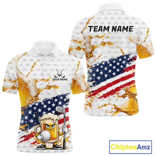 Patriotic Beer Mens Golf Polo Shirt front and back view - custom team logo, tailored fit Polo collar, breathable short sleeve