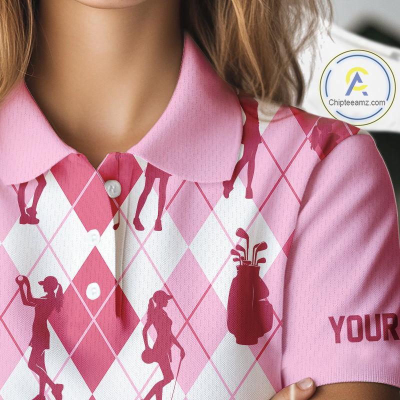 Light Pink Argyle Womens Golf Polo Shirts, Golf Shirts Custom Team Golf Polo For Ladies Team Golf Tops NBT491