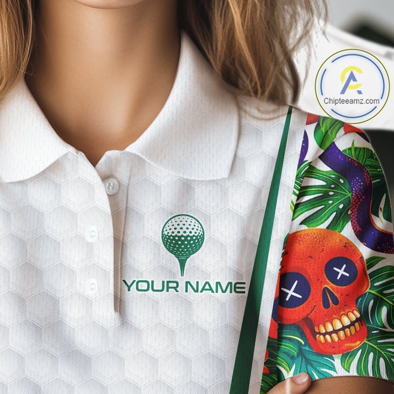 Funny Golf Skull Tropical Pattern Golf Polo Shirt Custom Name Golf Shirts For Womens NBT519
