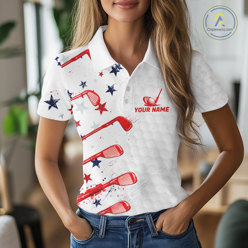 Woman wearing a white polo shirt with red and blue designs and 'Your Name' text.