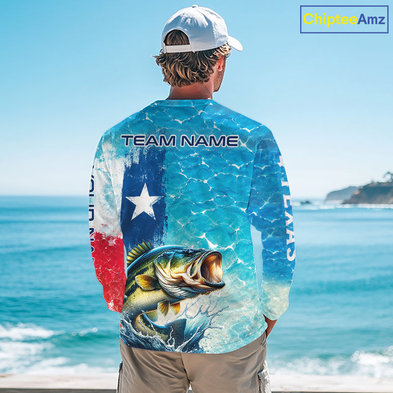 Texas Bass Fishing Texas Flag, Blue Sea Wave Ocean Camo Long Sleeve Bass Fishing Shirt NBT866