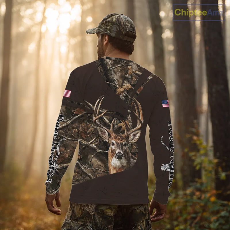 Deer Hunting Big Game Brown Camo US Flag Custom Name 3D All Over Print Shirts, Hunting Gifts NBT263