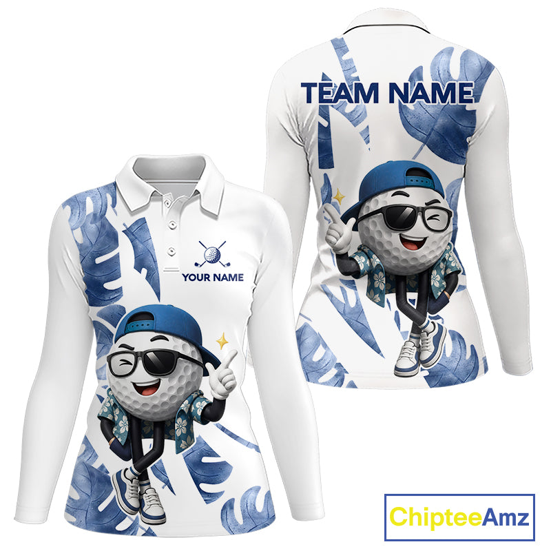 Funny Golf Ball Tropical Pattern Custom Womens Golf Polo Shirts, Golfing Gifts|Blue NBT708