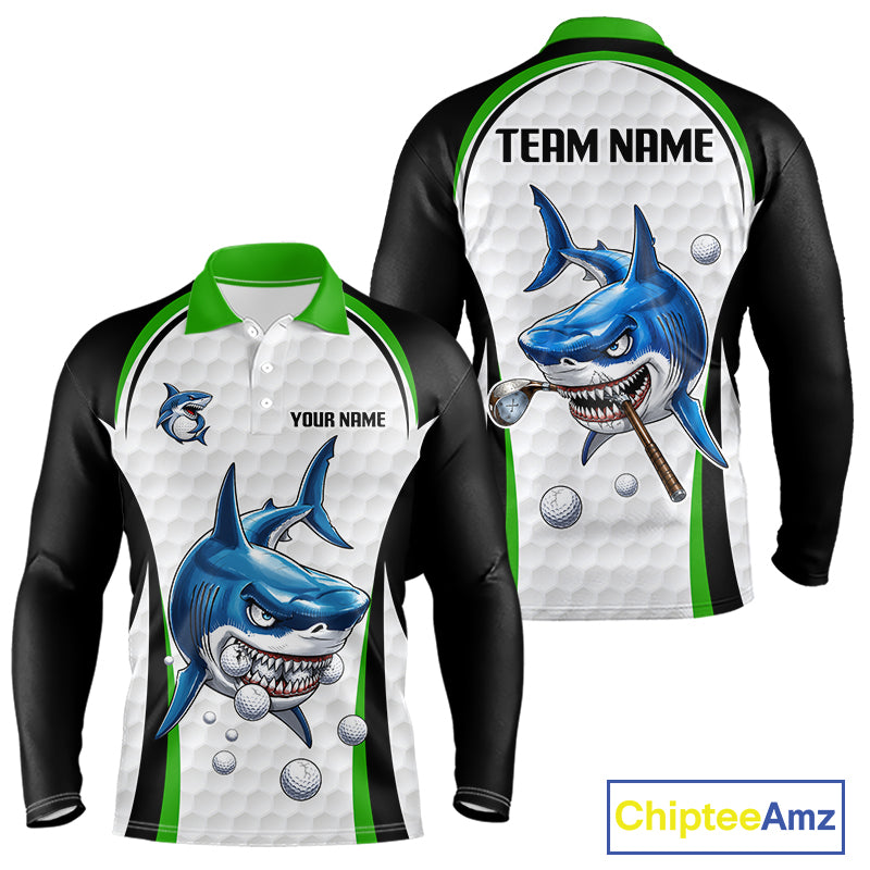 Custom Mens Golf Polo Shirt Funny Green And White Shark Pattern Golf Shirts For Men, Team Golf Shirts NBT820