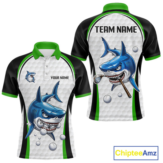 Green White Shark Pattern Mens Golf Polo Shirt Front and Back View Custom Name Custom Team Name