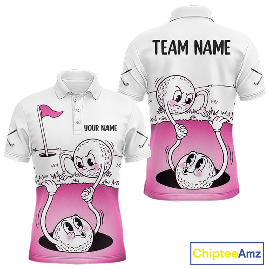 Pink Funny Golf Rescue Team Polo Shirt Custom Name, Golf Ball Cartoon Polo, White Golf Shirt NBT600