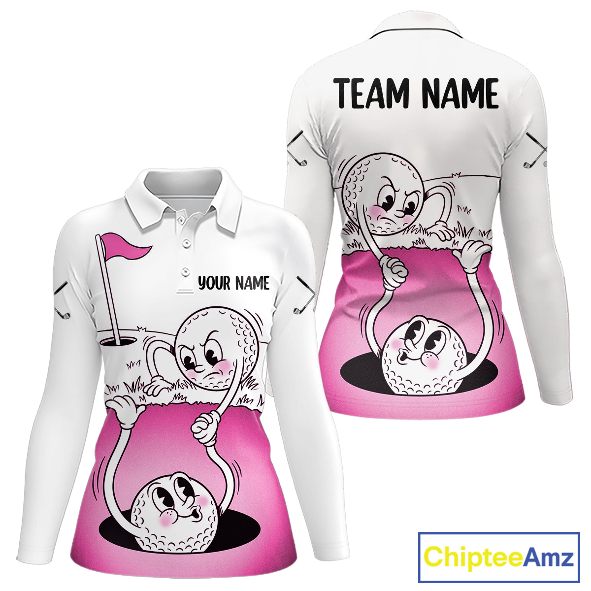 Pink Funny Golf Rescue Team Polo Shirt Custom Name, Golf Ball Cartoon Polo, White Golf Shirt NBT600