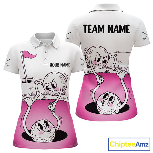 Pink Funny Golf Rescue Team Polo Shirt Custom Name, Golf Ball Cartoon Polo, White Golf Shirt NBT600