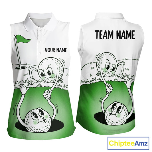 Green Funny Sleeveless Golf Rescue Team Polo Shirt Custom Name, Golf Ball Cartoon Polo, Golf Gifts NBT602