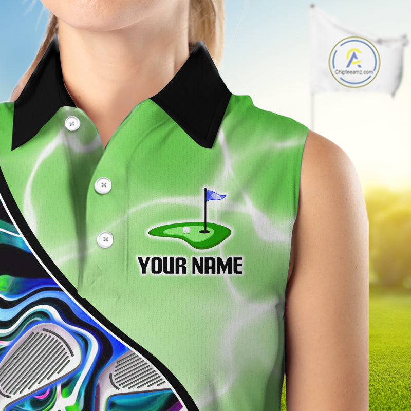 Womens Sleeveless Golf Polo Shirt Holographic Marble Golf Pattern For Team, Golf Attire For Women|Green NBT725