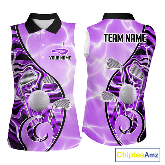 Womens Sleeveless Golf Polo Shirt Holographic Marble Golf Pattern For Team, Golf Attire For Women|Purple NBT727