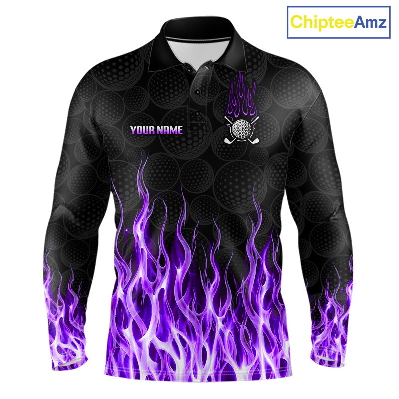 Mens golf polo shirt purple flame pattern - front view, custom name available