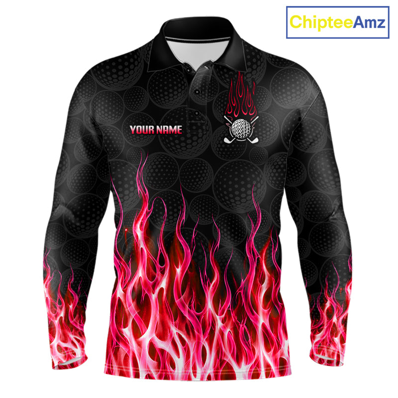 Mens long sleeve golf polo shirt red flame pattern - front view, custom name available