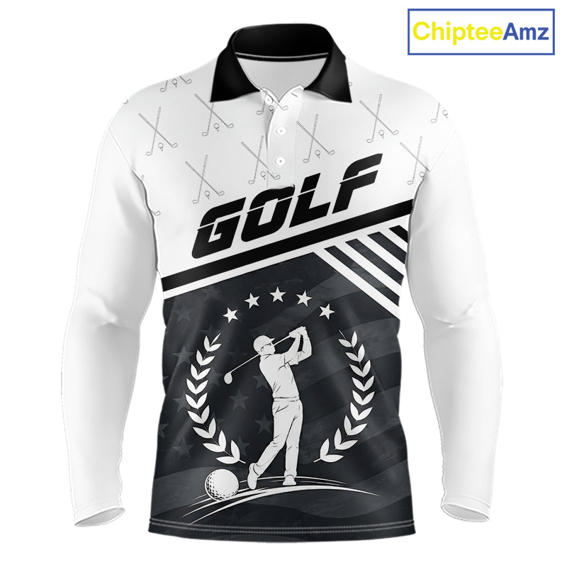 Golf team wearing matching black white golf player pattern polo shirts, custom name & team name, tailored fit