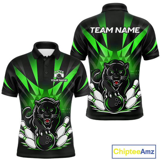 Front and back view of custom black and green leopard bowling men’s polo team jersey