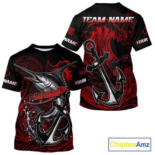 Front and back view of Custom Marlin Fishing Ocean Camo Shirt Marlin Saltwater Fishing Jersey, lightweight UPF 30+ fishing shirt with marlin and ocean camo design