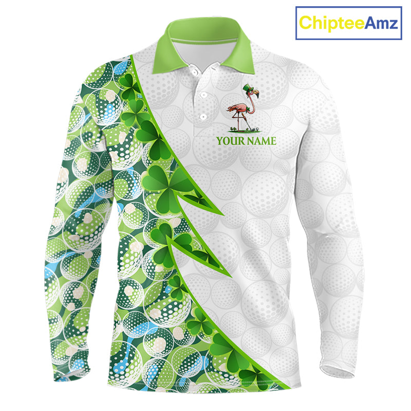 Funny Flamingo Green Clover Pattern White Mens Golf Polo Shirt, Custom St Patrick Day Tournament Golf Apparel NBT852