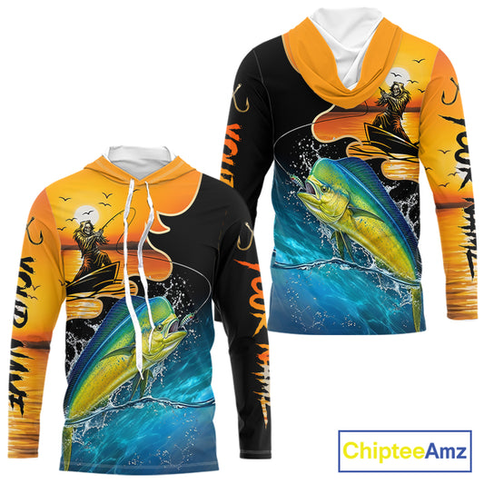 Mahi Mahi long sleeve hooded fishing shirt with fishing reaper design