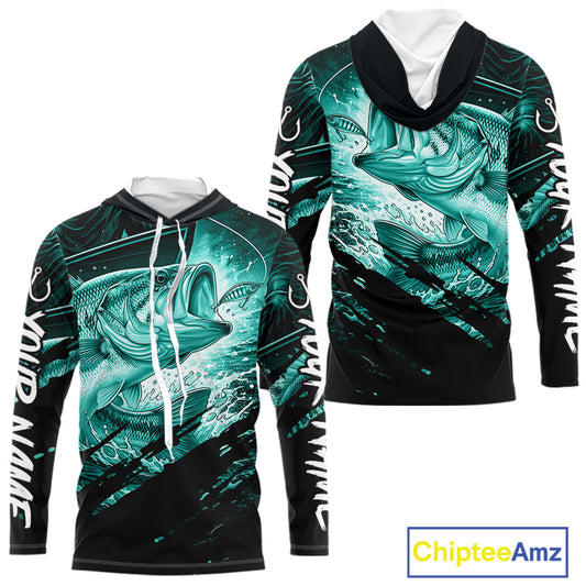 Teal and black long sleeve hooded fishing shirt with largemouth bass fish design on a white background