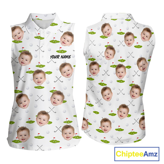 Personalized Face & Name Sleeveless Golf Polo Shirt For Women, Best Mom Golf Shirt, Mother's Day Gift Polo|White NBT661
